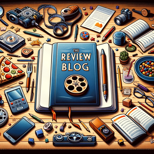 A composition featuring an open notebook with a pen, surrounded by items representing different review categories: books, a film reel, a smartphone, and a fancy dish on a plate, all on a wooden desk.
