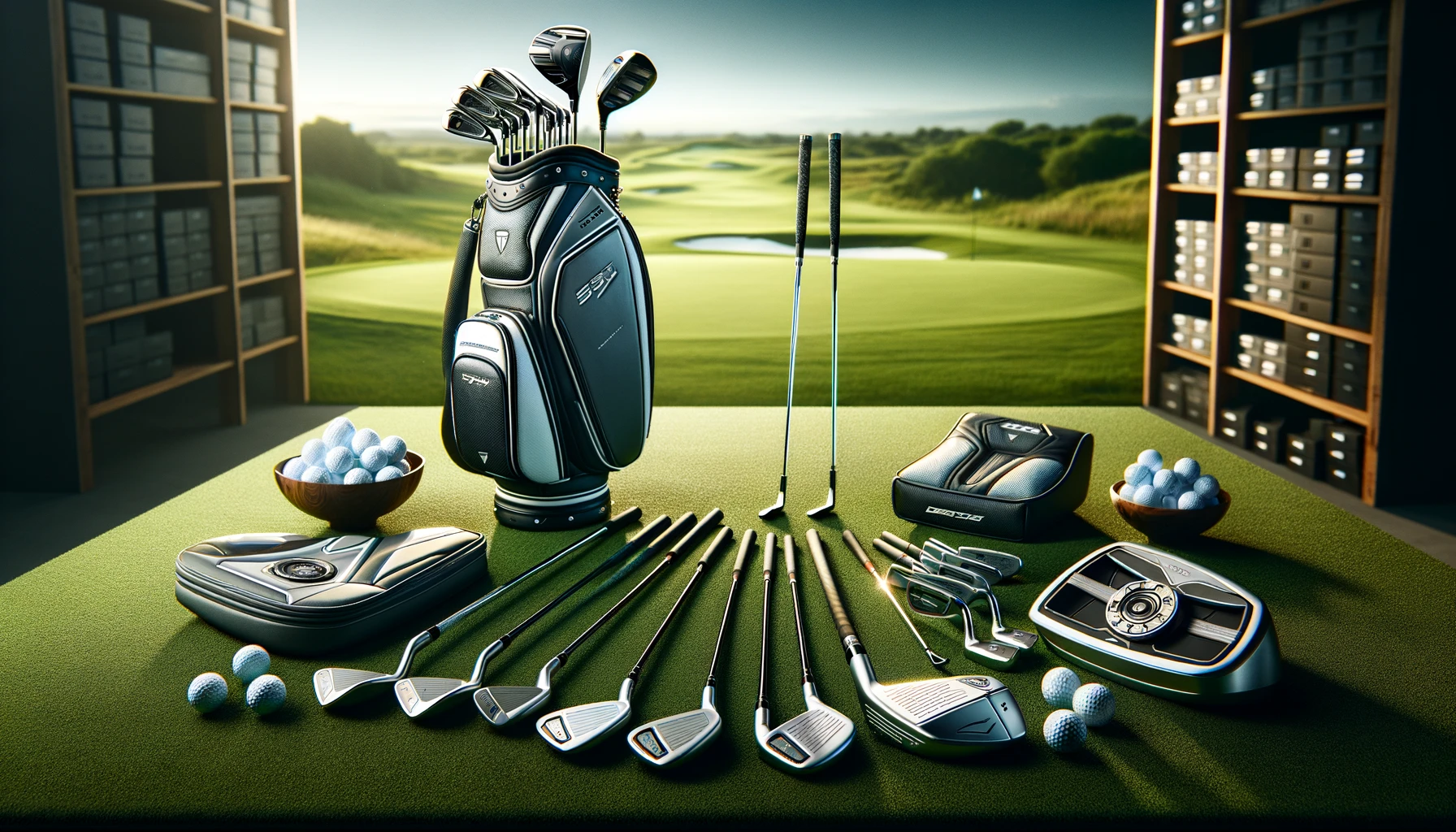 Display of top golf equipment for 2024 including a modern driver, sleek irons, a high-tech putter, versatile wedges, stylish golf balls, and a durable golf bag on a golf course.